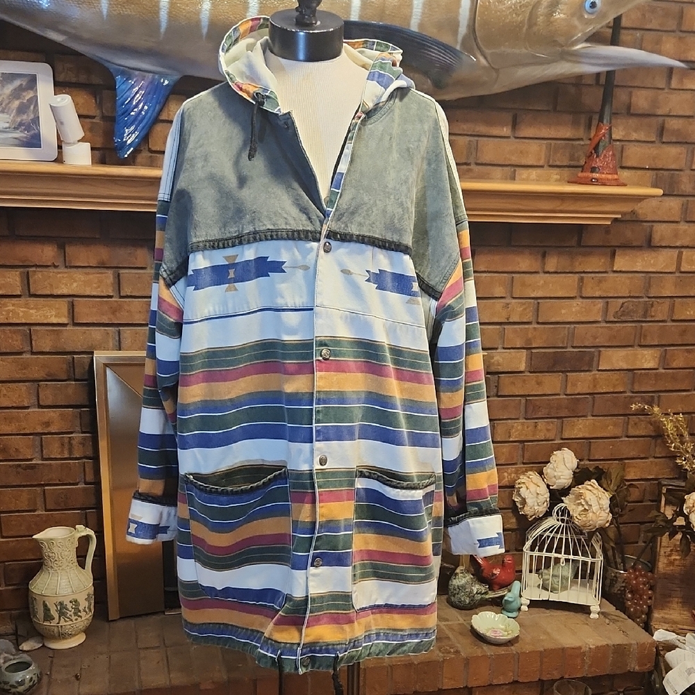 Corniche Vintage Brand 80's Canvas Suede Striped Hooded Jacket Chore Barn Coat